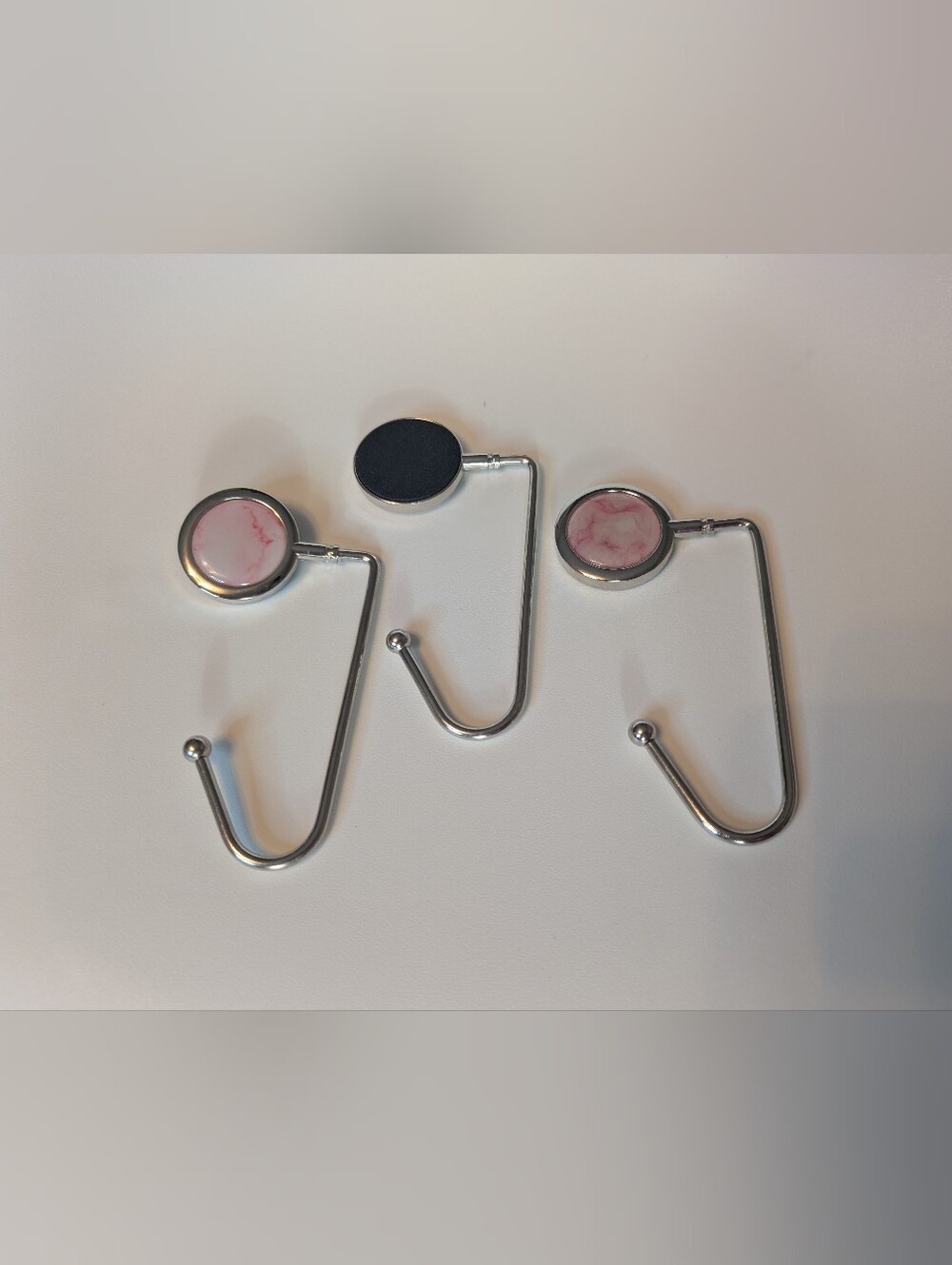 Set of 3 Tabletop Purse Hooks – Pink Marble & Silver Finish | Handbag Hangers |